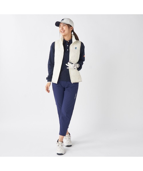FILA GOLF(フィラゴルフ )の「FILA GOLF フィラゴルフ ゴルフウェア ワンポイント ロゴ 軽量 撥水 中綿入り フルジップ ハイネック ライトダウンベスト(ダウンベスト・レディース・オフホワイト/ブラック・LL/L/M)」の4枚目の写真