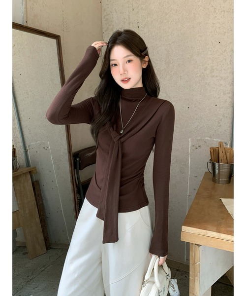 gossip!ロサンゼルス(ゴシップロサンゼルス)の「【Y2Kガーリー】レトロスタンドカラープルオーバー長袖Tシャツ(Tシャツ/カットソー・レディース・ブラウン/ブラック・FREE)」の12枚目の写真