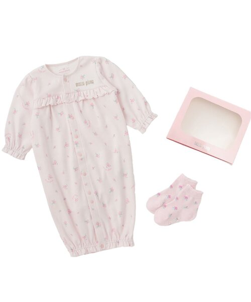 BOX付】リボン・バラ柄2wayオール＆ソックスセット（ベビーギフト