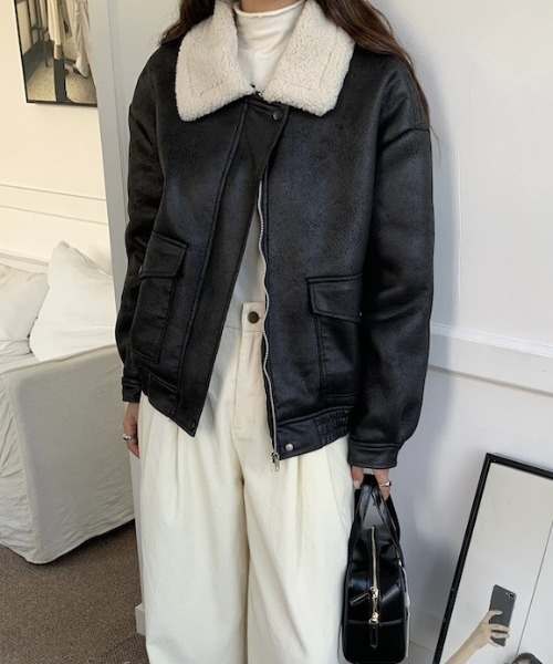 セール】ボア襟フェイクレザージャケット（ライダースジャケット
