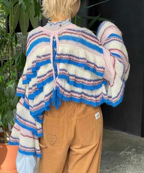 HELLO.SANFRANCISCO（ハローサンフランシスコ）の「【HELLO.SANFRANCISCO/ハローサンフランシスコ】マルチボーダーシアーフリルニット（ニット/セーター・レディース・イエロー/ピンク/グレー・ONE SIZE）」の3枚目の写真