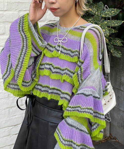 HELLO.SANFRANCISCO（ハローサンフランシスコ）の「【HELLO.SANFRANCISCO/ハローサンフランシスコ】マルチボーダーシアーフリルニット（ニット/セーター・レディース・イエロー/ピンク/グレー・ONE SIZE）」の4枚目の写真