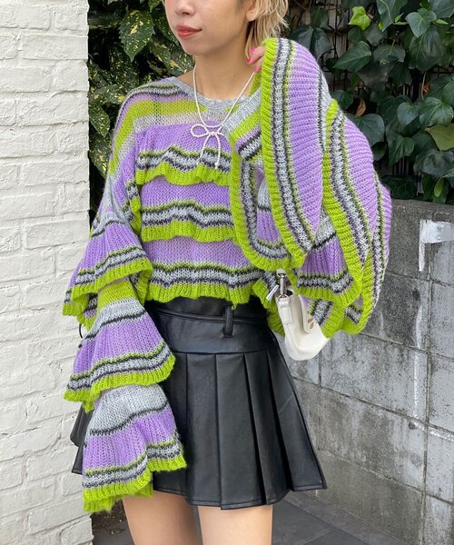 HELLO.SANFRANCISCO（ハローサンフランシスコ）の「【HELLO.SANFRANCISCO/ハローサンフランシスコ】マルチボーダーシアーフリルニット（ニット/セーター・レディース・イエロー/ピンク/グレー・ONE SIZE）」の6枚目の写真