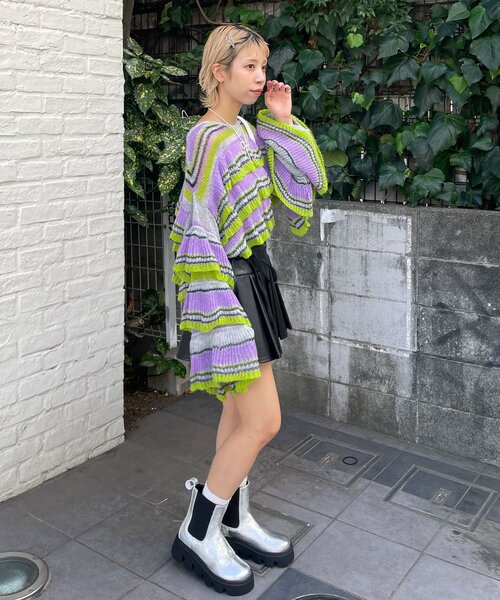 HELLO.SANFRANCISCO（ハローサンフランシスコ）の「【HELLO.SANFRANCISCO/ハローサンフランシスコ】マルチボーダーシアーフリルニット（ニット/セーター・レディース・イエロー/ピンク/グレー・ONE SIZE）」の10枚目の写真