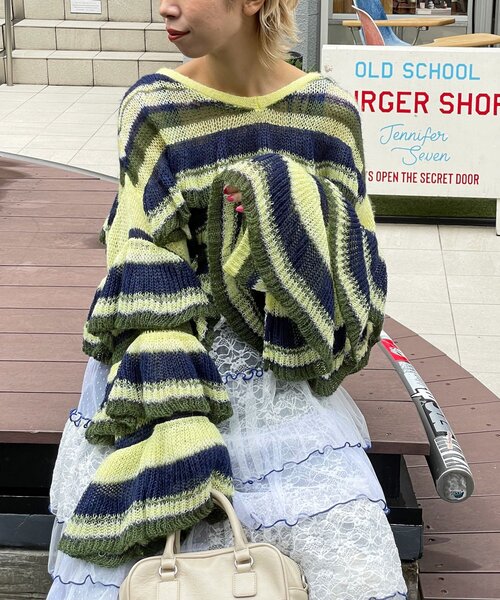 HELLO.SANFRANCISCO（ハローサンフランシスコ）の「【HELLO.SANFRANCISCO/ハローサンフランシスコ】マルチボーダーシアーフリルニット（ニット/セーター・レディース・イエロー/ピンク/グレー・ONE SIZE）」の12枚目の写真