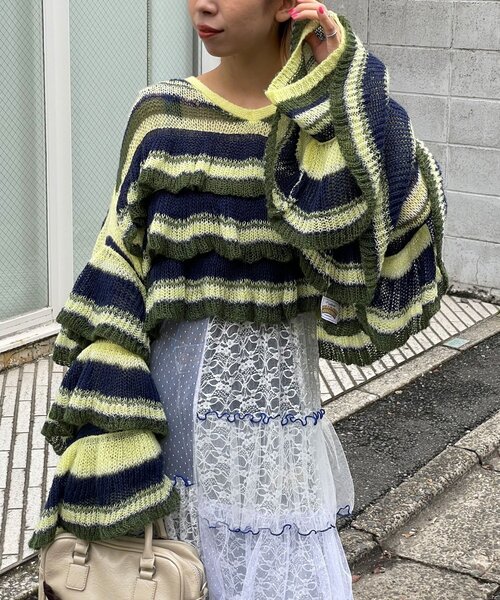 HELLO.SANFRANCISCO（ハローサンフランシスコ）の「【HELLO.SANFRANCISCO/ハローサンフランシスコ】マルチボーダーシアーフリルニット（ニット/セーター・レディース・イエロー/ピンク/グレー・ONE SIZE）」の13枚目の写真