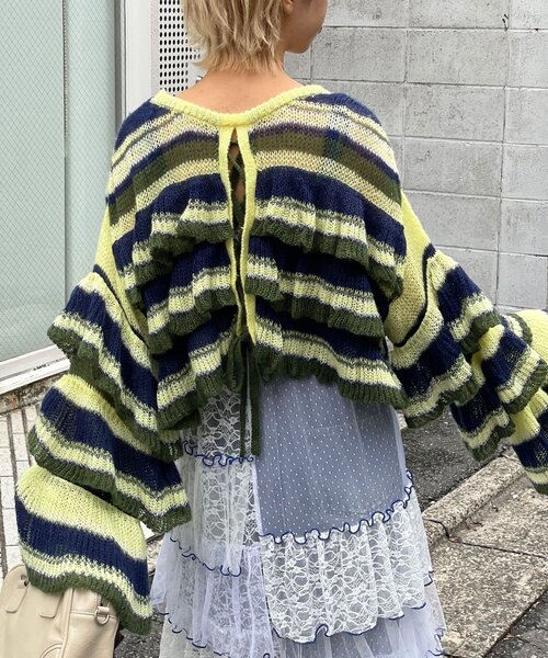 HELLO.SANFRANCISCO（ハローサンフランシスコ）の「【HELLO.SANFRANCISCO/ハローサンフランシスコ】マルチボーダーシアーフリルニット（ニット/セーター・レディース・イエロー/ピンク/グレー・ONE SIZE）」の14枚目の写真