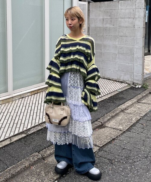 HELLO.SANFRANCISCO（ハローサンフランシスコ）の「【HELLO.SANFRANCISCO/ハローサンフランシスコ】マルチボーダーシアーフリルニット（ニット/セーター・レディース・イエロー/ピンク/グレー・ONE SIZE）」の15枚目の写真