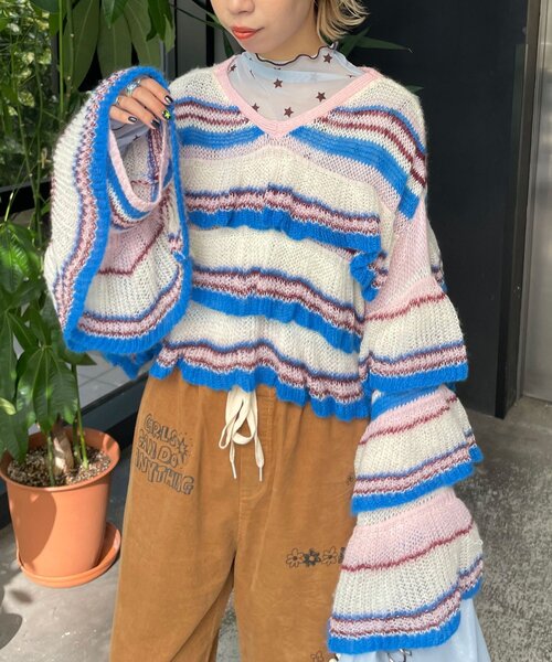 HELLO.SANFRANCISCO（ハローサンフランシスコ）の「【HELLO.SANFRANCISCO/ハローサンフランシスコ】マルチボーダーシアーフリルニット（ニット/セーター・レディース・イエロー/ピンク/グレー・ONE SIZE）」の19枚目の写真