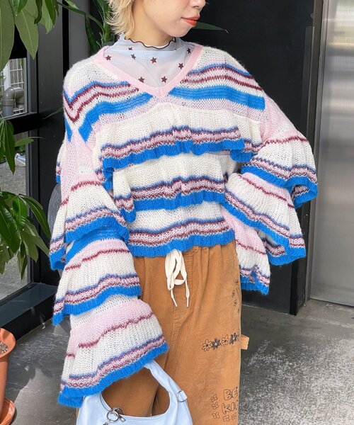 HELLO.SANFRANCISCO（ハローサンフランシスコ）の「【HELLO.SANFRANCISCO/ハローサンフランシスコ】マルチボーダーシアーフリルニット（ニット/セーター・レディース・イエロー/ピンク/グレー・ONE SIZE）」の20枚目の写真