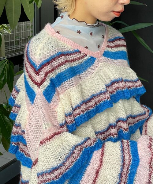 HELLO.SANFRANCISCO（ハローサンフランシスコ）の「【HELLO.SANFRANCISCO/ハローサンフランシスコ】マルチボーダーシアーフリルニット（ニット/セーター・レディース・イエロー/ピンク/グレー・ONE SIZE）」の21枚目の写真