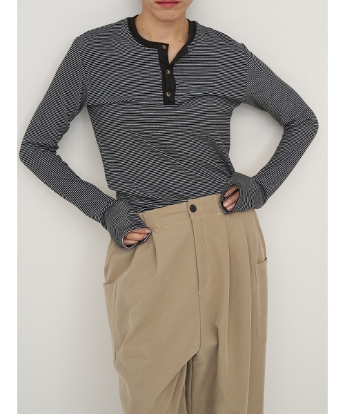 YENN(イエン)の「【 YENN / イエン 】STRIPE HENRY LONG TEE / ストライプヘンリーネックロングスリーブTシャツ(Tシャツ/カットソー・レディース・ブラック・FREE)」の10枚目の写真