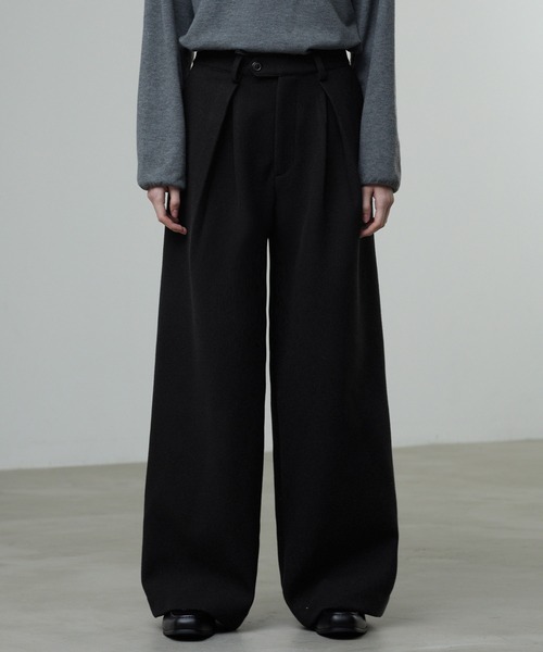 CALLNE(カルネ)の「【CALLNE】Knit Melton 1tuck Wide Straight Pants / ニットメルトン1タックワイドストレートパンツ(スラックス・メンズ・ブラック/チャコールグレー・L/M)」の1枚目の写真