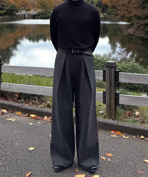 CALLNE(カルネ)の「【CALLNE】Knit Melton 1tuck Wide Straight Pants / ニットメルトン1タックワイドストレートパンツ(スラックス・メンズ・ブラック/チャコールグレー・L/M)」の3枚目の写真