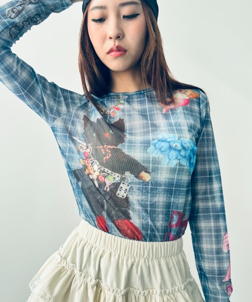 Y2K SYNAPSE FACTORY（ワイツーケー シナプスファクトリー）の「【cat】シアーロングTシャツ（Tシャツ/カットソー・レディース・ブルー・FREE）」の13枚目の写真