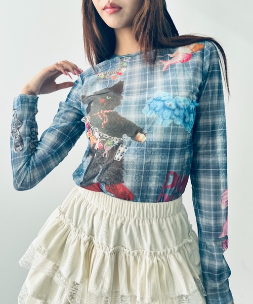 Y2K SYNAPSE FACTORY（ワイツーケー シナプスファクトリー）の「【cat】シアーロングTシャツ（Tシャツ/カットソー・レディース・ブルー・FREE）」の2枚目の写真
