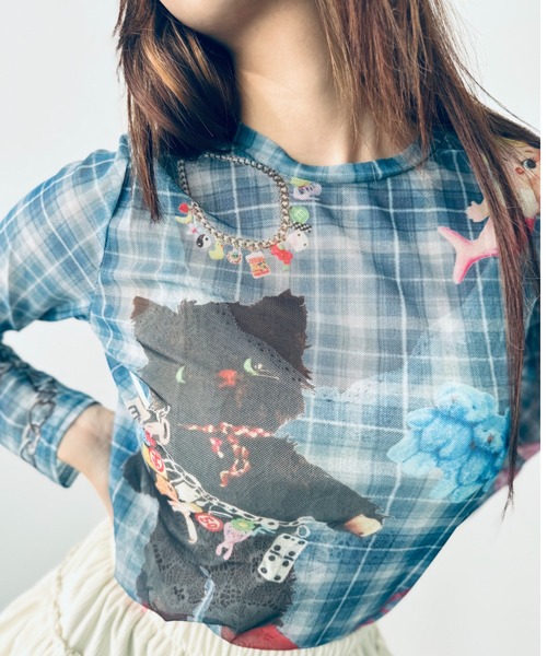 Y2K SYNAPSE FACTORY（ワイツーケー シナプスファクトリー）の「【cat】シアーロングTシャツ（Tシャツ/カットソー・レディース・ブルー・FREE）」の4枚目の写真