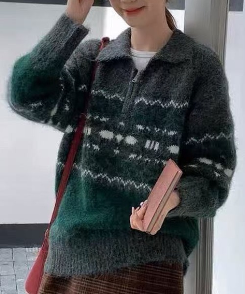 Achic(アシック)の「ハーフジップフェアアイルニットプルオーバー(ニット/セーター・レディース・ホワイト/ブラウン/グリーン・M)」の7枚目の写真