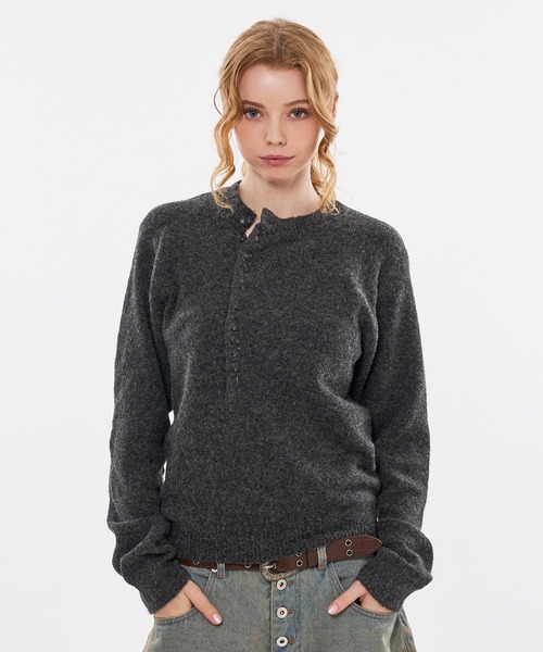 WISH FOR EVER(ウィッシュフォーエバー)の「HENRY BUTTON WOOL-BLEND MELANGE KNIT / ヘンリーボタンウールブレンドメランジニット(ニット/セーター・メンズ・ブラウン/グリーン/チャコールグレー・MEDIUM/SMALL/LARGE)」の1枚目の写真