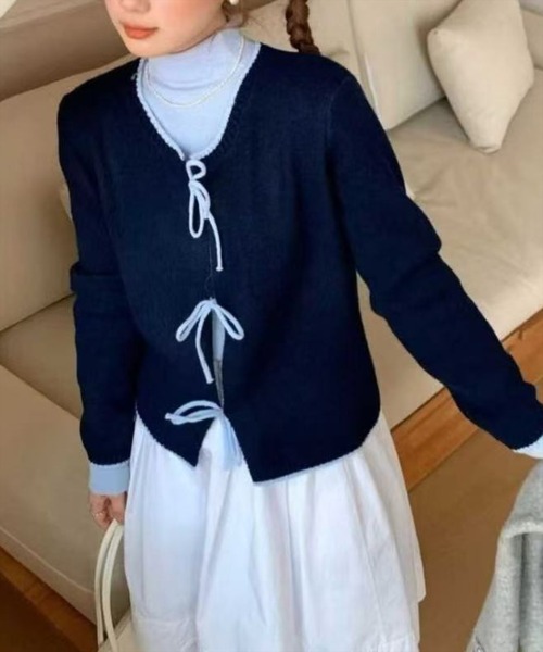 STAY MOTION（ステイモーション）の「【WEB限定】配色フロントリボンニットカーディガン［韓国ファッション ガーリー］≪新作≫（カーディガン/ボレロ・レディース・アイボリー/グレー/ネイビー・F）」の3枚目の写真
