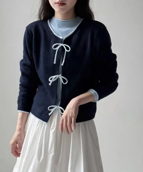 STAY MOTION（ステイモーション）の「【WEB限定】配色フロントリボンニットカーディガン［韓国ファッション ガーリー］≪新作≫（カーディガン/ボレロ・レディース・アイボリー/グレー/ネイビー・F）」の5枚目の写真