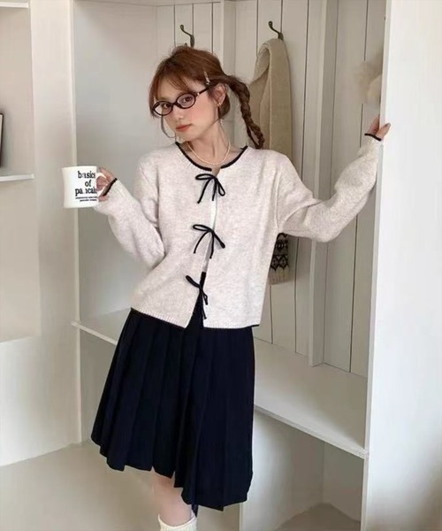STAY MOTION（ステイモーション）の「【WEB限定】配色フロントリボンニットカーディガン［韓国ファッション ガーリー］≪新作≫（カーディガン/ボレロ・レディース・アイボリー/グレー/ネイビー・F）」の10枚目の写真