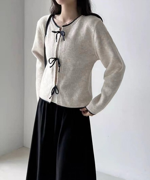 STAY MOTION（ステイモーション）の「【WEB限定】配色フロントリボンニットカーディガン［韓国ファッション ガーリー］≪新作≫（カーディガン/ボレロ・レディース・アイボリー/グレー/ネイビー・F）」の8枚目の写真