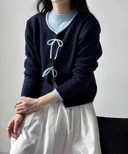 STAY MOTION（ステイモーション）の「【WEB限定】配色フロントリボンニットカーディガン［韓国ファッション ガーリー］≪新作≫（カーディガン/ボレロ・レディース・アイボリー/グレー/ネイビー・F）」の6枚目の写真