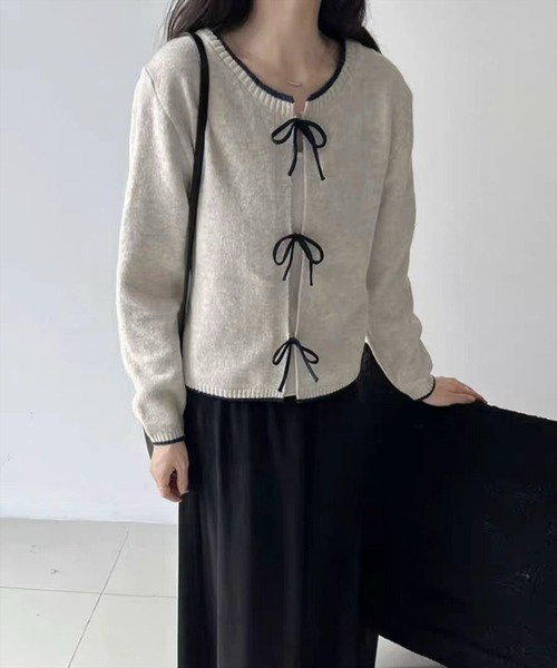 STAY MOTION（ステイモーション）の「【WEB限定】配色フロントリボンニットカーディガン［韓国ファッション ガーリー］≪新作≫（カーディガン/ボレロ・レディース・アイボリー/グレー/ネイビー・F）」の9枚目の写真