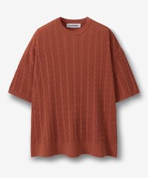 ケーブルパンチング半袖ラウンドニット_ブリック