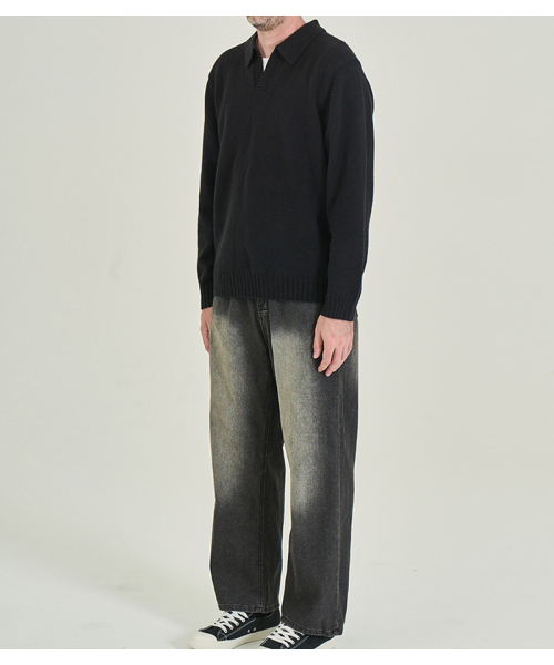 BLACKBROWN（ブラックブラウン）の「ウールブレンドオープンカラーセーター[BLACK]（ニット/セーター・メンズ・その他・MEDIUM/LARGE）」の3枚目の写真