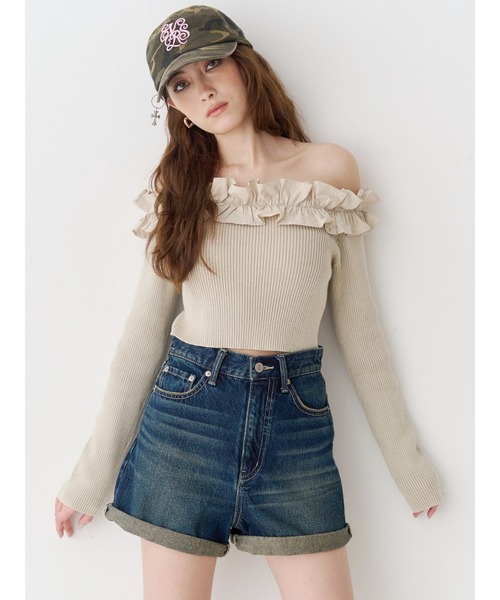 EVRIS（エヴリス）の「ヴィンテージライクカラーショートデニムパンツ【セットアップ着用可能】（デニムパンツ・レディース・インディゴブルー/グレー/ブルー・SMALL/MEDIUM）」の4枚目の写真