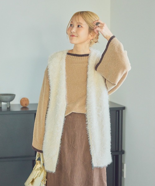 studio CLIP（スタディオクリップ）の「【CLIP BY STAFF/ちーばちゃん企画】7ゲージ配色モールニット（ニット/セーター・レディース・ダークブラウン/ネイビー/ベージュ・FREE）」の2枚目の写真