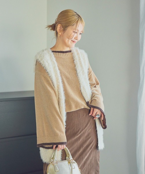 studio CLIP（スタディオクリップ）の「【CLIP BY STAFF/ちーばちゃん企画】7ゲージ配色モールニット（ニット/セーター・レディース・ダークブラウン/ネイビー/ベージュ・FREE）」の4枚目の写真