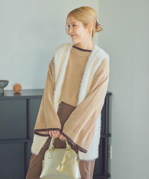 studio CLIP（スタディオクリップ）の「【CLIP BY STAFF/ちーばちゃん企画】7ゲージ配色モールニット（ニット/セーター・レディース・ダークブラウン/ネイビー/ベージュ・FREE）」の6枚目の写真