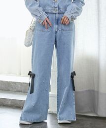 サイドリボンビジューデニムパンツ