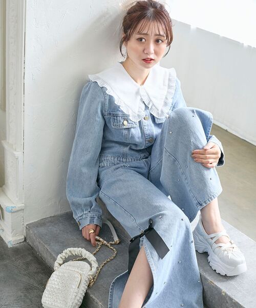 MAJESTIC LEGON（マジェスティックレゴン）の「サイドリボンビジューデニムパンツ（デニムパンツ・レディース・ブラック/サックスブルー・SMALL/MEDIUM）」の5枚目の写真