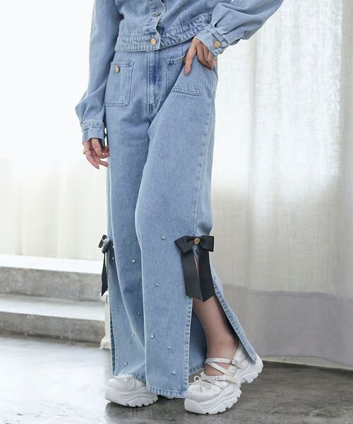 MAJESTIC LEGON（マジェスティックレゴン）の「サイドリボンビジューデニムパンツ（デニムパンツ・レディース・ブラック/サックスブルー・SMALL/MEDIUM）」の10枚目の写真