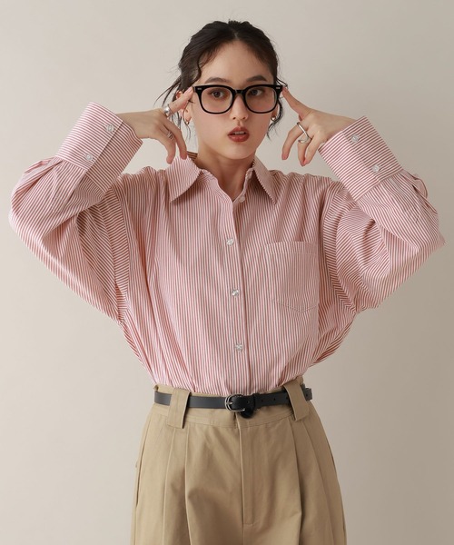 RAGEBLUE（レイジブルー）の「カラーストライプシャツ（シャツ/ブラウス・レディース・ネイビー/ピンク/グリーン・FREE）」の7枚目の写真