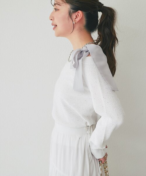 La boutique BonBon(ラブティックボンボン)の「【最強着映え】ブークレスパンコールオフショルリボンニット(ニット/セーター・レディース・ピンク/ホワイト/ネイビー・FREE)」の9枚目の写真