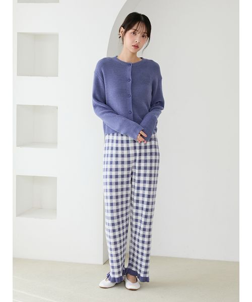 セール】リブカーディガン&チェックロングパンツセット（ルームウェア