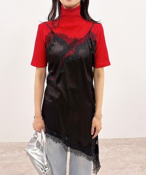 CLOTHY(クロシィ)の「【繊細レース×軽やかなライトサテン】レースアシメキャミワンピース(キャミソール・レディース・ブラック/ブラウン・FREE)」の9枚目の写真
