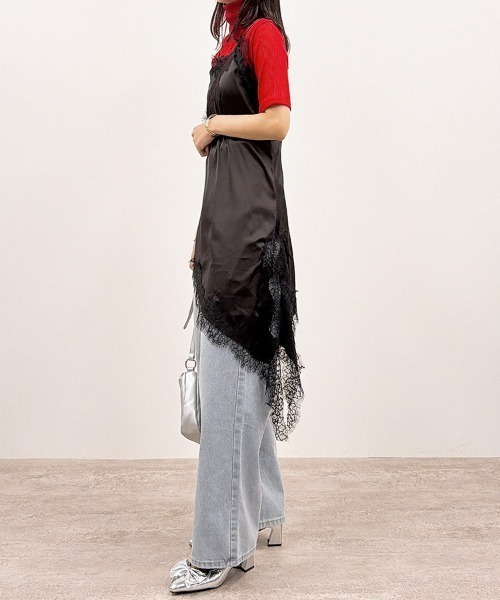 CLOTHY(クロシィ)の「【繊細レース×軽やかなライトサテン】レースアシメキャミワンピース(キャミソール・レディース・ブラック/ブラウン・FREE)」の12枚目の写真