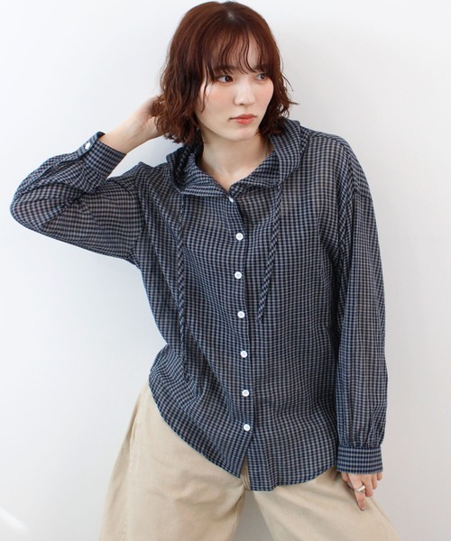 ABYS（アビス）の「フード付きシアーチェックシャツ（シャツ/ブラウス・レディース・ホワイト/ネイビー/ブルー・FREE）」の2枚目の写真