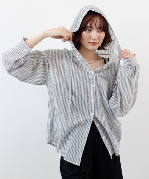 ABYS（アビス）の「フード付きシアーチェックシャツ（シャツ/ブラウス・レディース・ホワイト/ネイビー/ブルー・FREE）」の14枚目の写真
