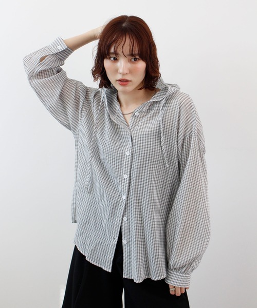 ABYS（アビス）の「フード付きシアーチェックシャツ（シャツ/ブラウス・レディース・ホワイト/ネイビー/ブルー・FREE）」の15枚目の写真