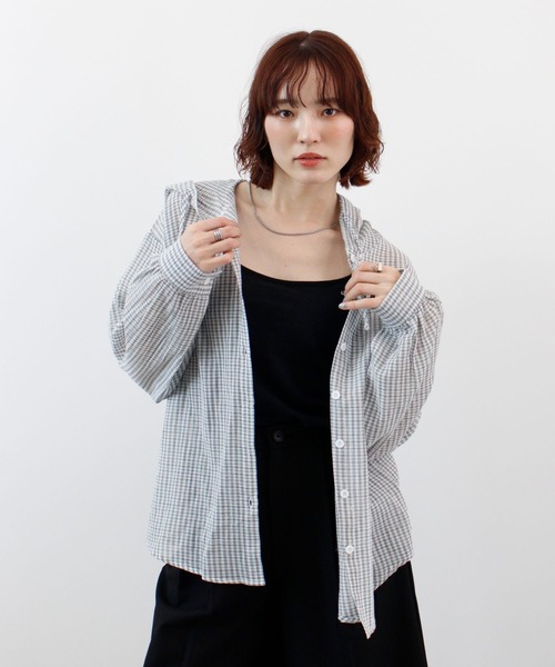 ABYS（アビス）の「フード付きシアーチェックシャツ（シャツ/ブラウス・レディース・ホワイト/ネイビー/ブルー・FREE）」の16枚目の写真