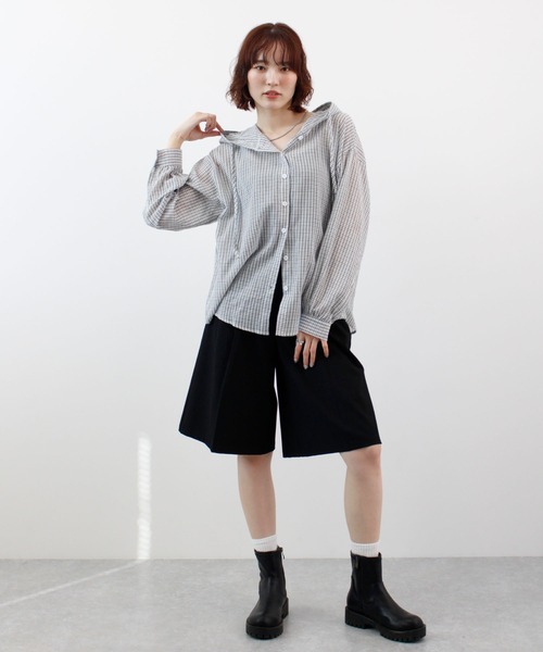 ABYS（アビス）の「フード付きシアーチェックシャツ（シャツ/ブラウス・レディース・ホワイト/ネイビー/ブルー・FREE）」の21枚目の写真