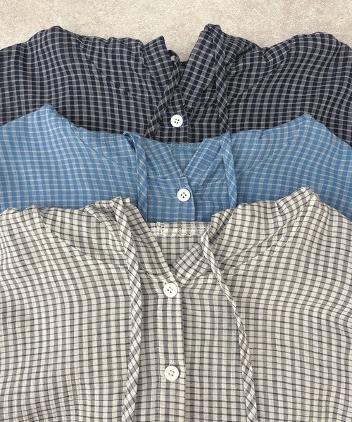 ABYS（アビス）の「フード付きシアーチェックシャツ（シャツ/ブラウス・レディース・ホワイト/ネイビー/ブルー・FREE）」の12枚目の写真