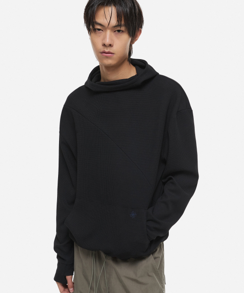 Waffle Fleece Parker — тёплая толстовка с вафельной флисовой тканью, длинный крой, чёрная
